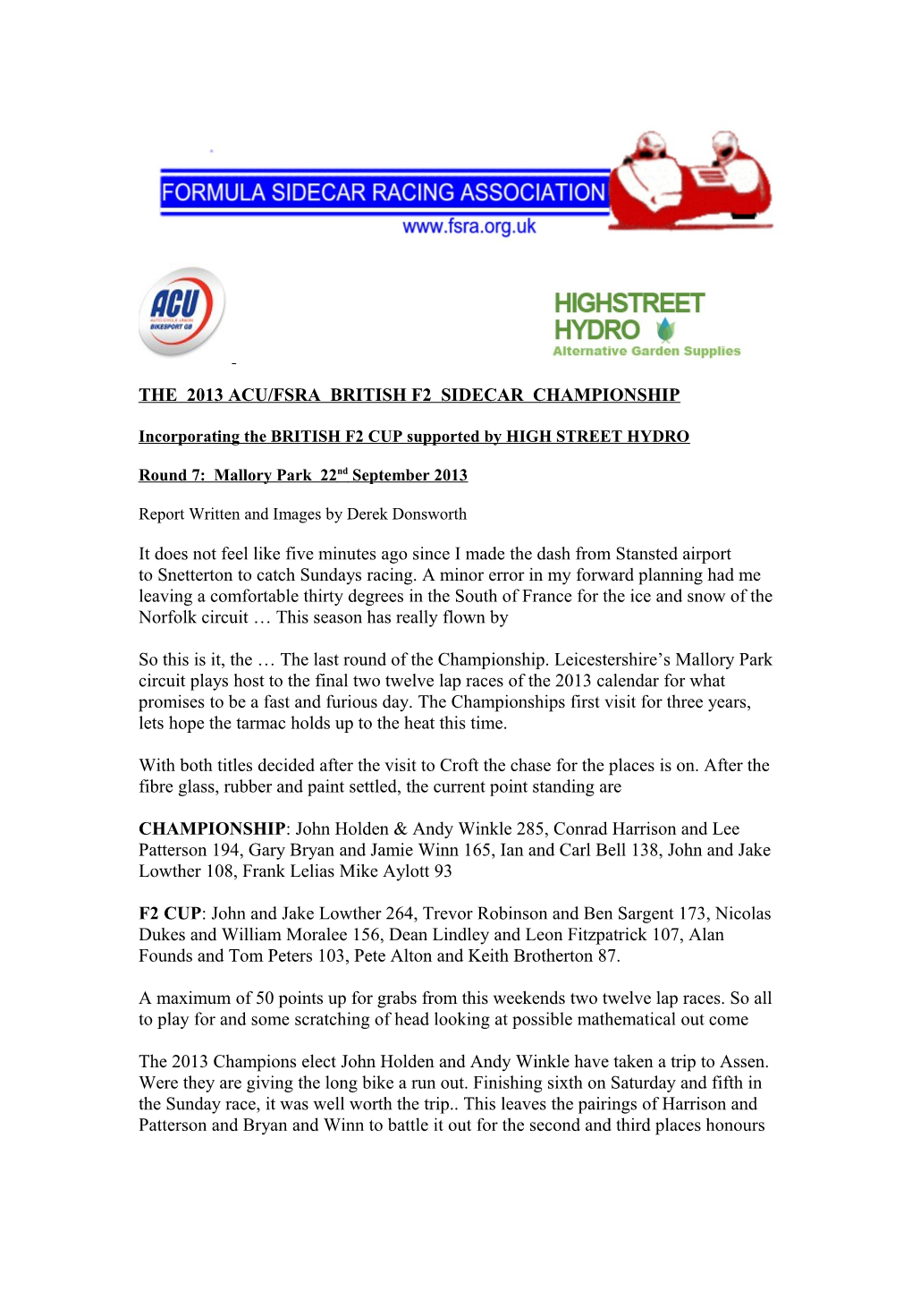 The 2013 Acu/Fsra British F2 Sidecar Championship