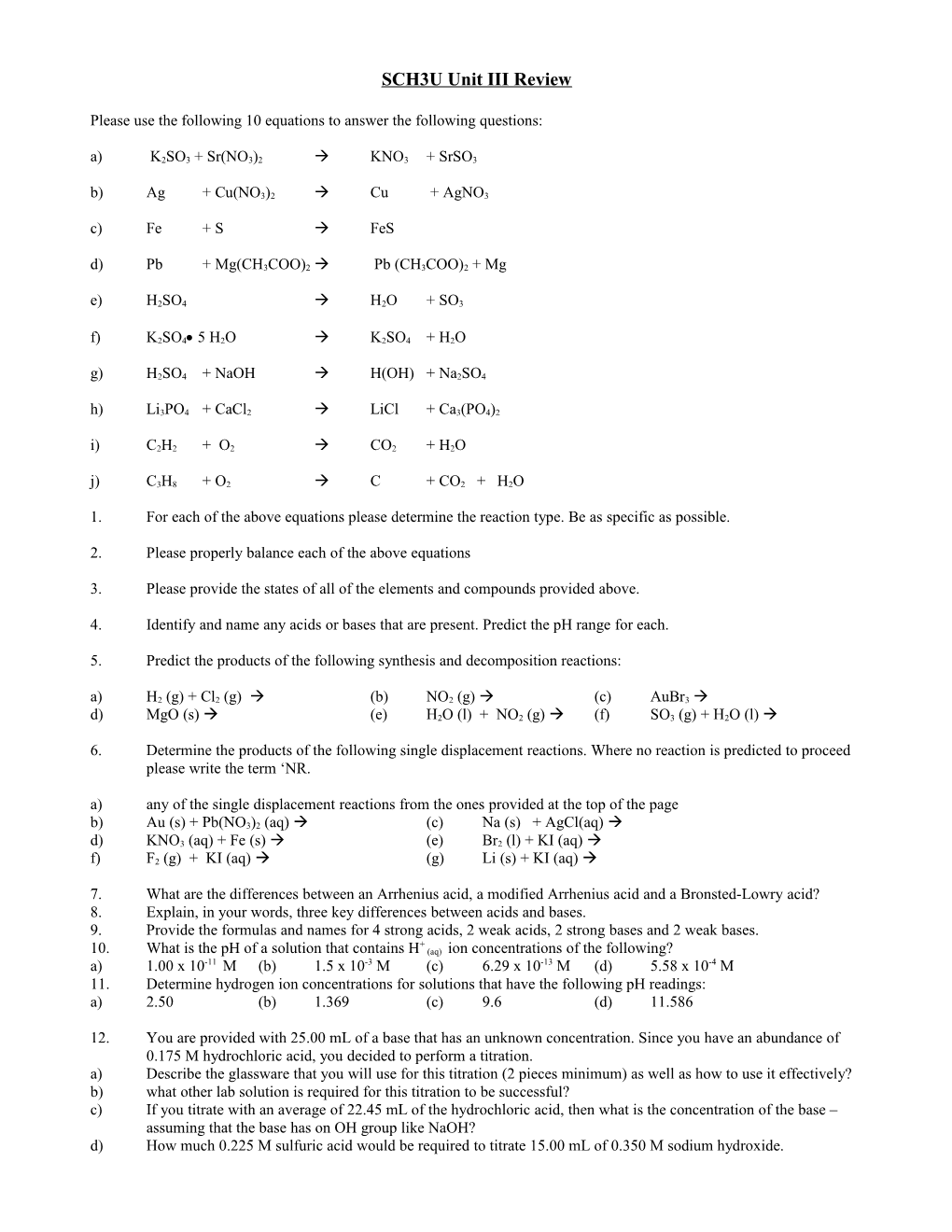 SCH3U Unit II Review