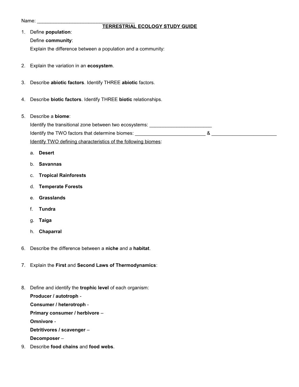 Terrestrial Ecology Study Guide