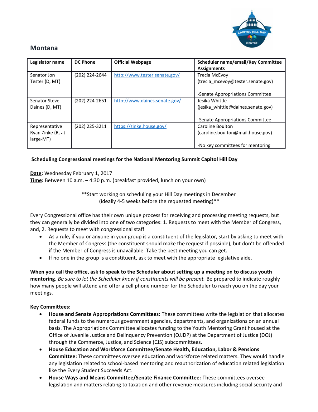 Scheduling Congressional Meetings for the National Mentoring Summit Capitol Hill Day