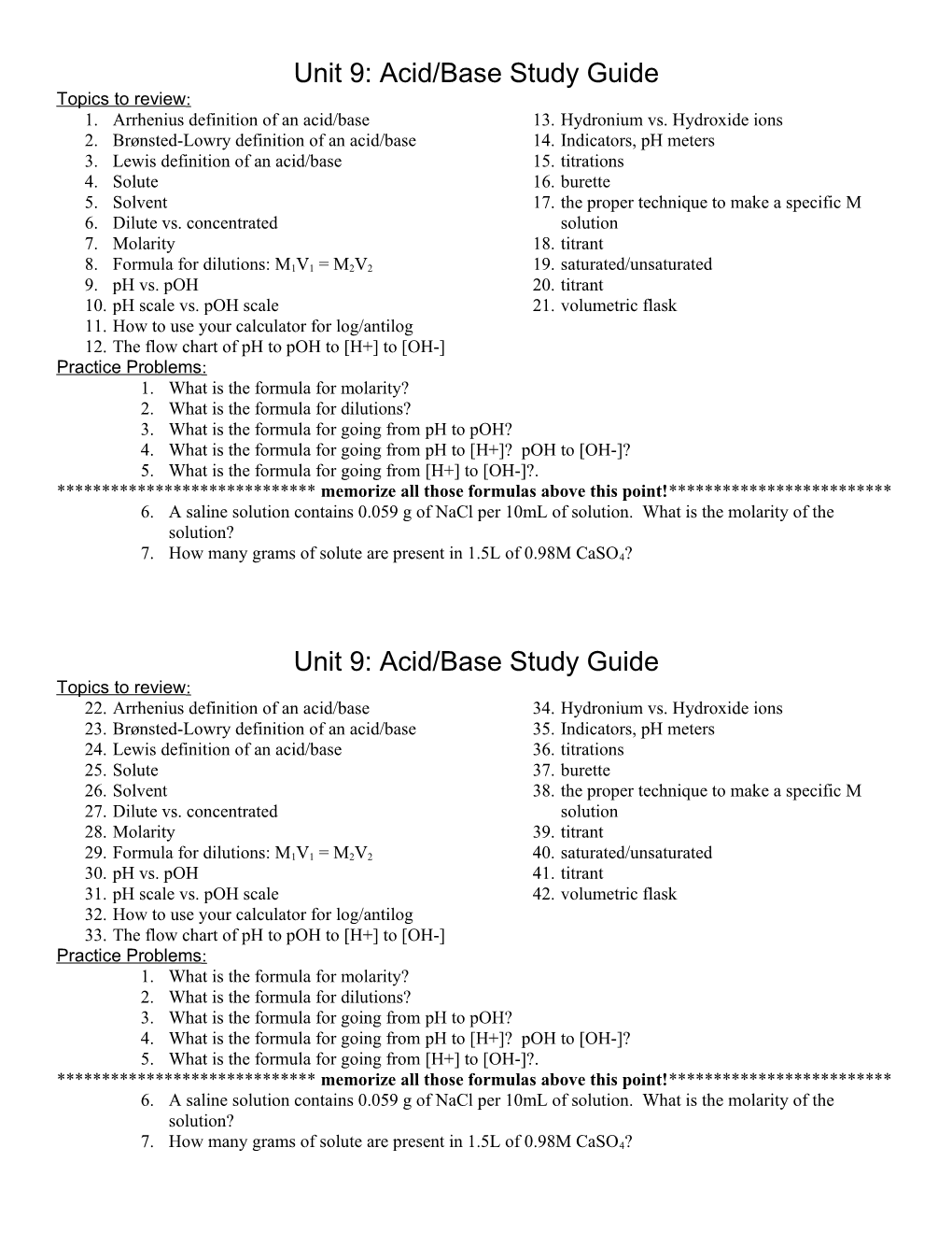 Unit 9: Acid/Base Study Guide