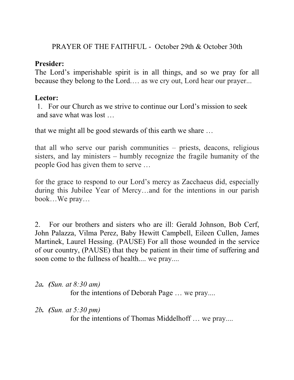 PRAYER of the FAITHFUL - October 29Th & October 30Th