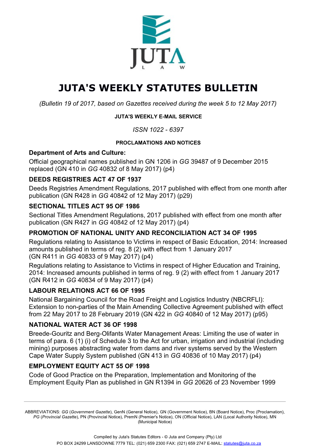 Juta's Weekly Statutes Bulletin s2