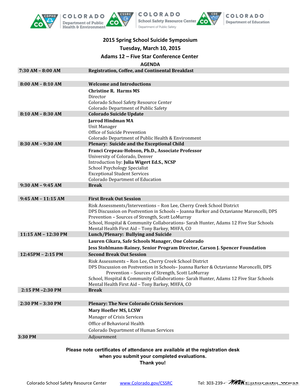 2015 Spring School Suicide Symposium