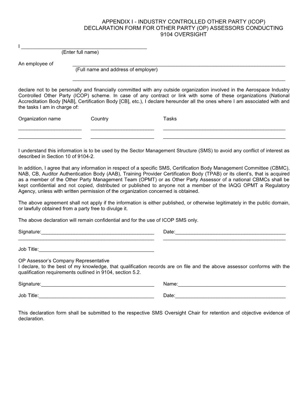 Appendix I- Industry Controlled Other Party (Icop) Declaration Form for Other Party (Op)