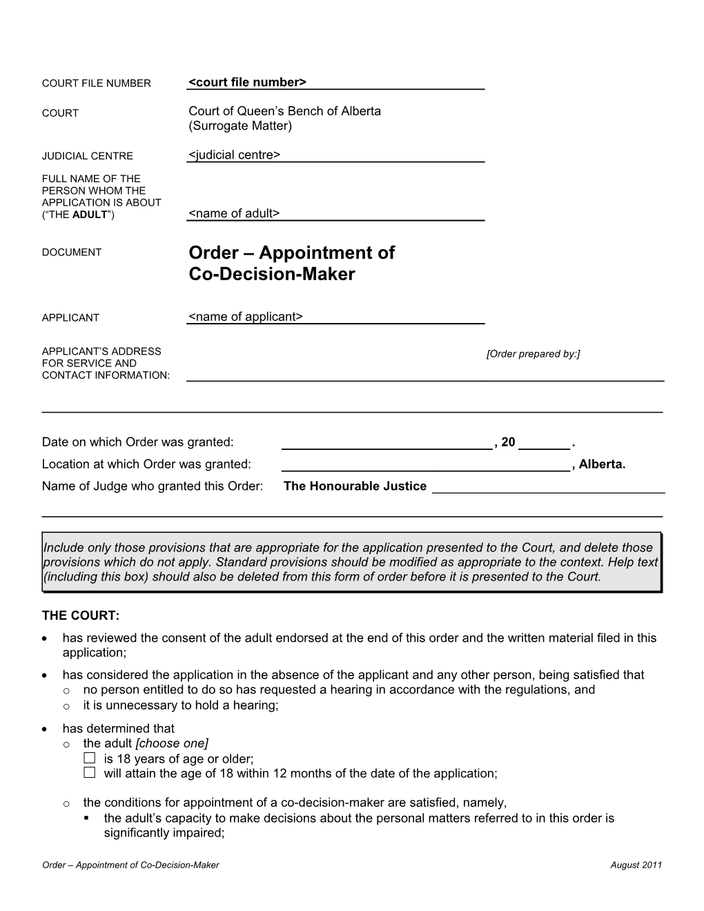 FORM 05- Order Appointment of Co-Decision Maker