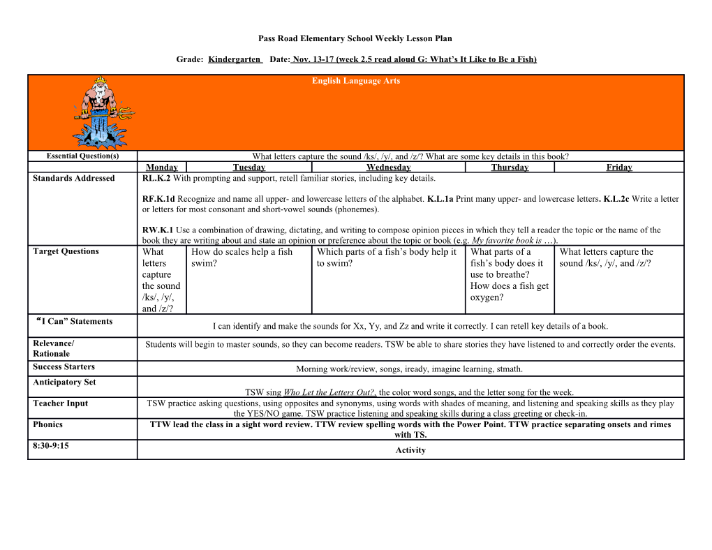 Pass Road Elementary School Weekly Lesson Plan