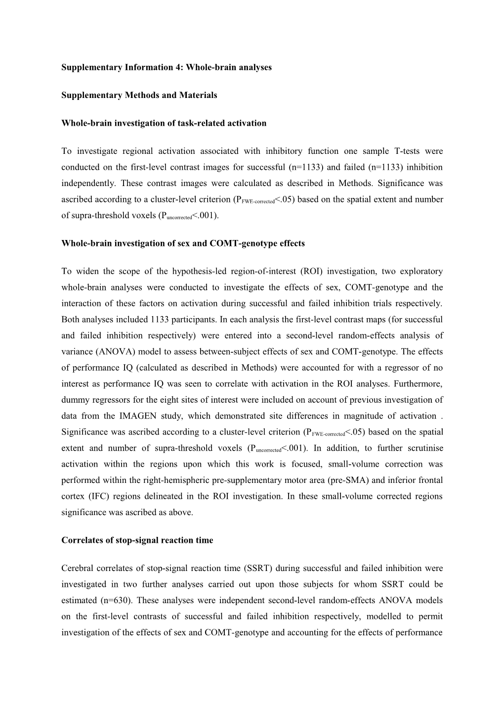 Supplementary Information 4: Whole-Brain Analyses