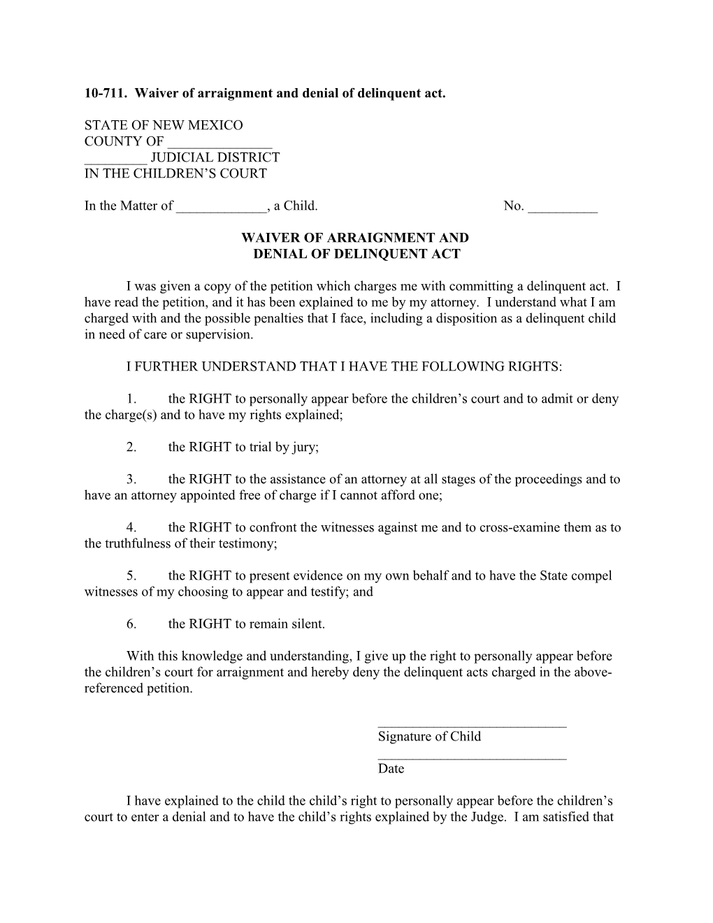 10-711. Waiver of Arraignment and Denial of Delinquent Act