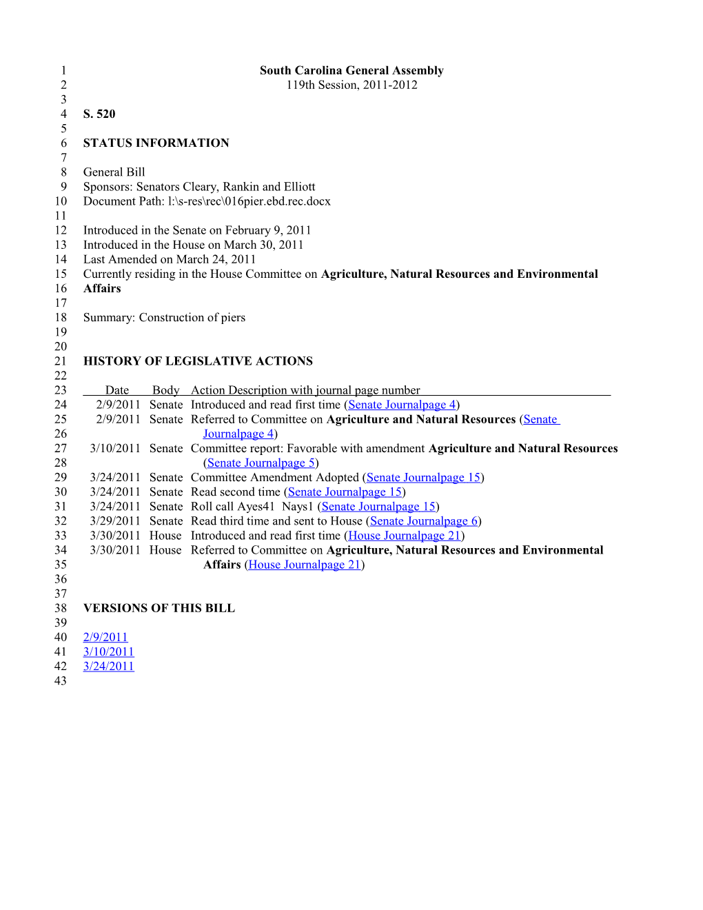 2011-2012 Bill 520: Construction of Piers - South Carolina Legislature Online