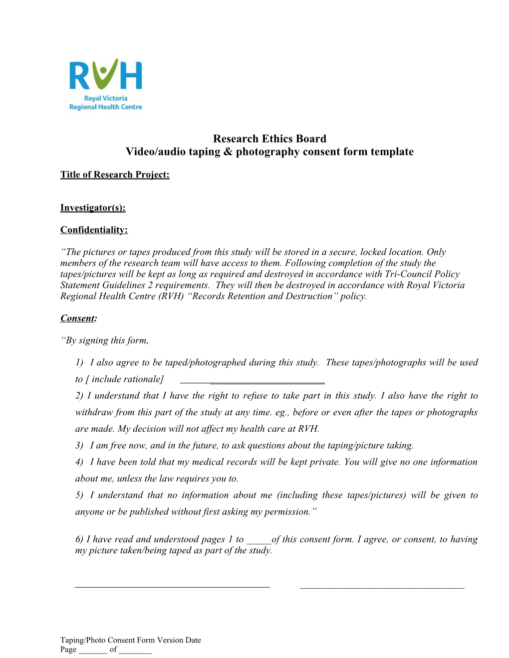 Video/Audio Taping & Photography Consent Form Template