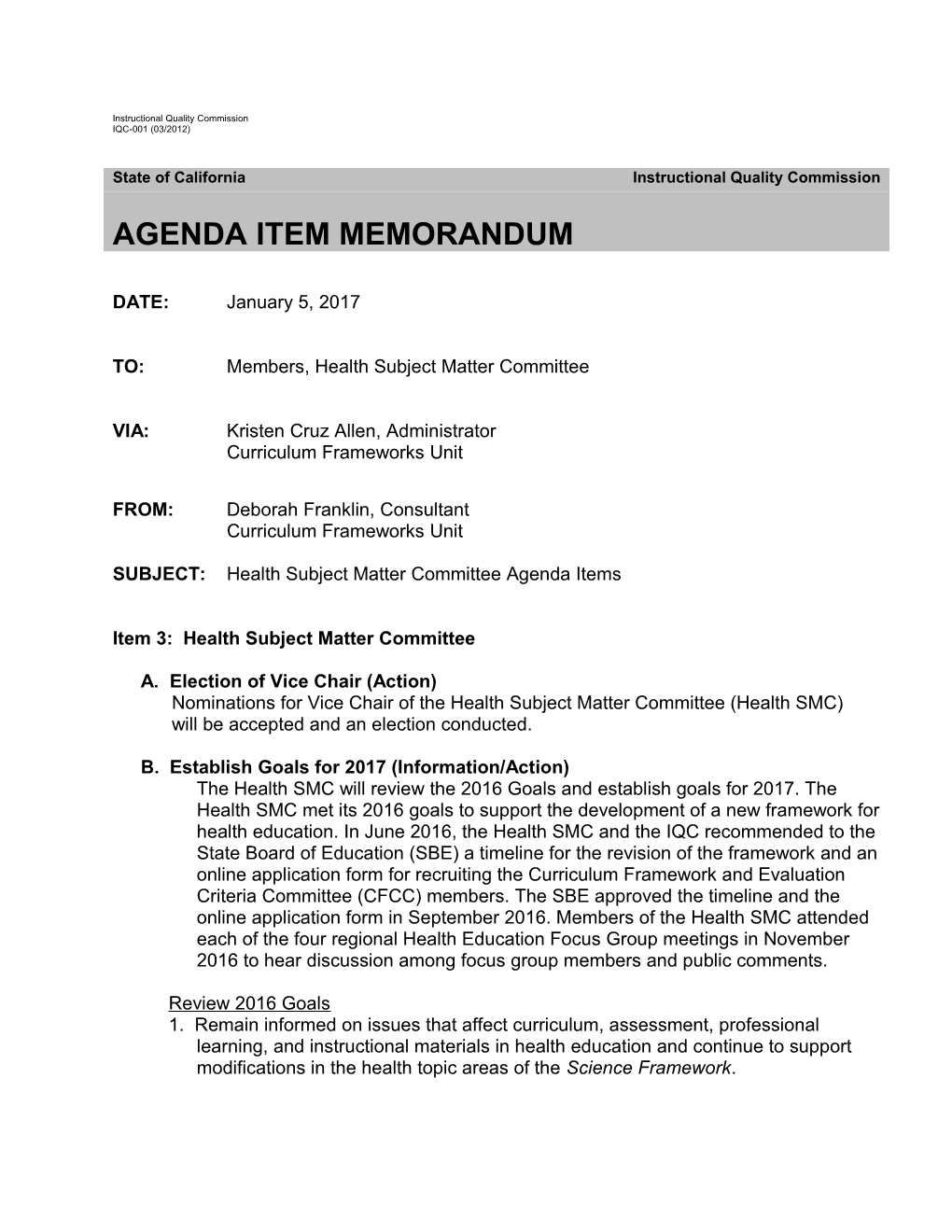 Health SMC Member January 2017 - Instructional Quality Commission (CA Dept of Education)