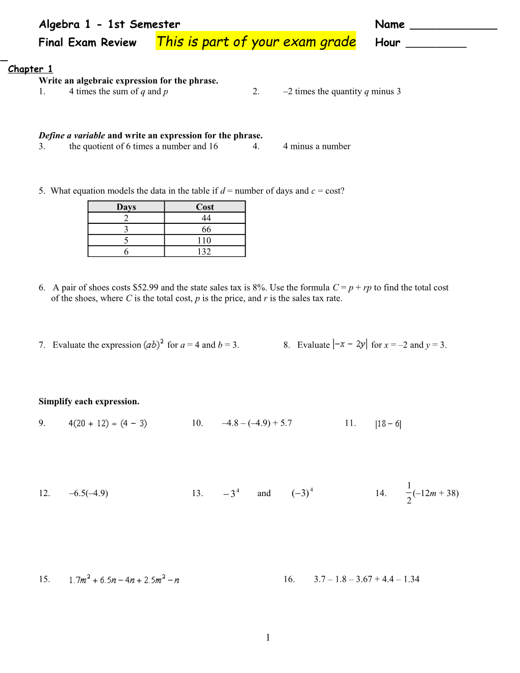 Algebra 1 - Final Exam Review - 1St Semester