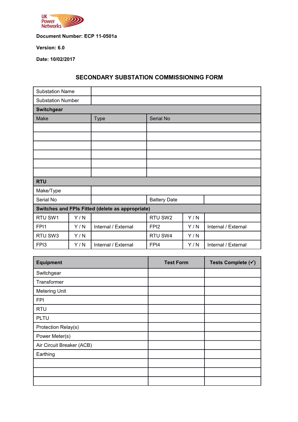 ECP 11-0501A Secondary Substation Commissioning Form