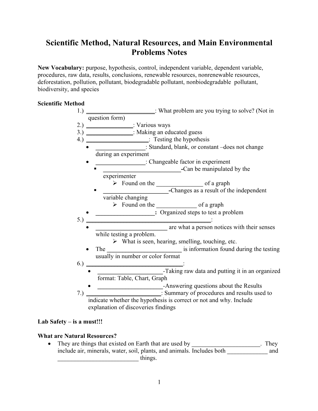Scientific Method, Natural Resources, and Main Environmental Problems Notes