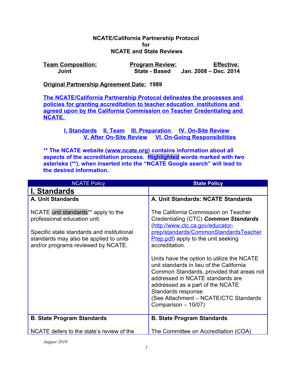 State/NCATE Partnership Protocol