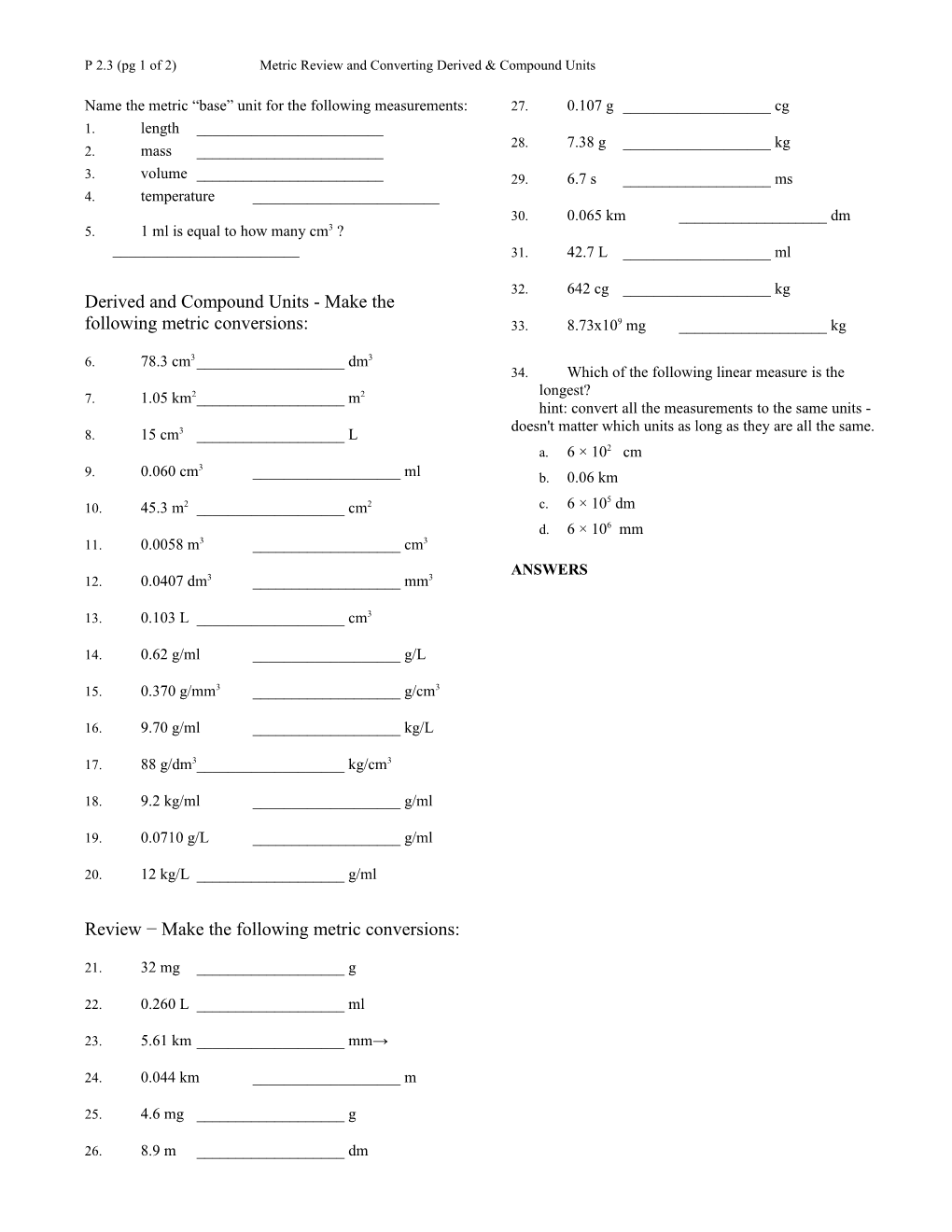 P 2.3 (Pg 1 of 2) Metric Review and Converting Derived & Compound Units