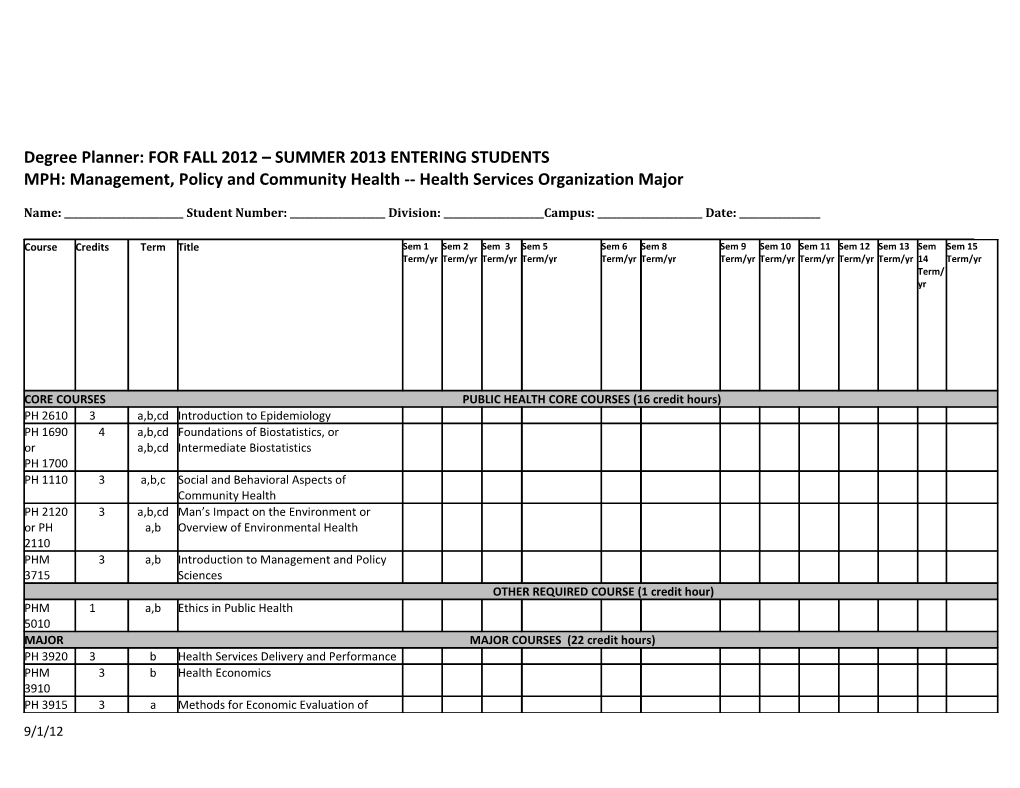 Degree Planner: for FALL 2012 SUMMER 2013 ENTERING STUDENTS MPH: Management, Policy And