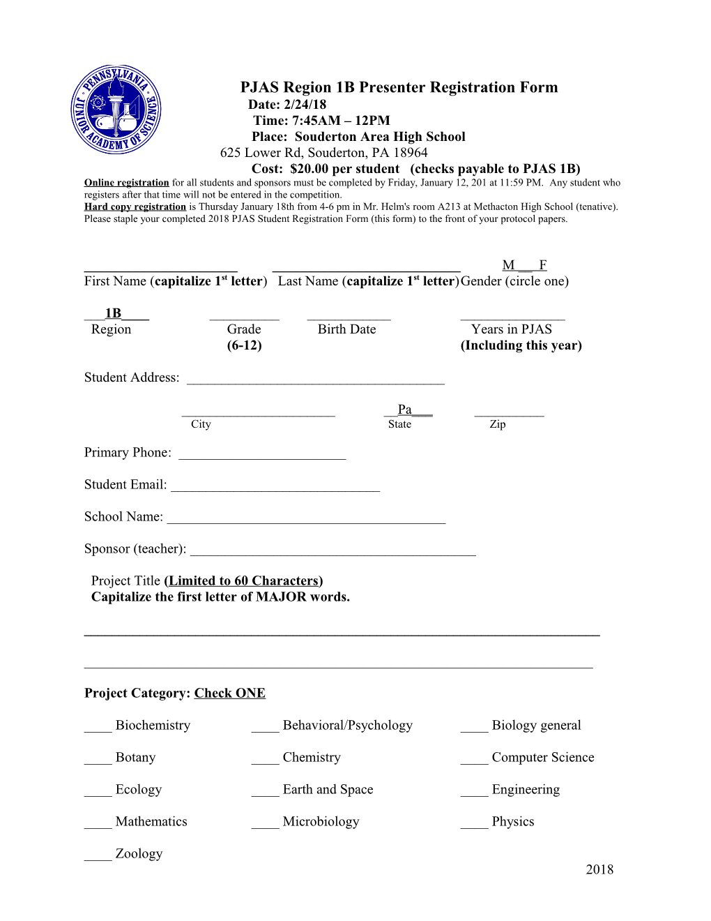 PJAS Region Presenter Registration Form