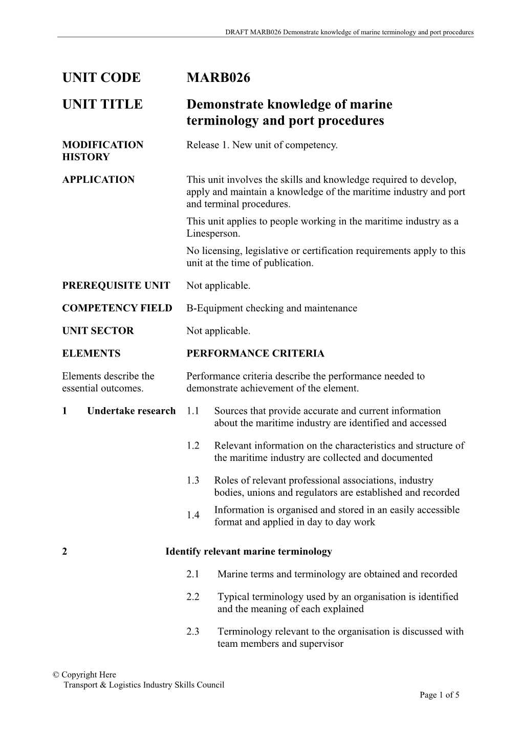 DRAFT MARB026 Demonstrate Knowledge of Marine Terminology and Port Procedures