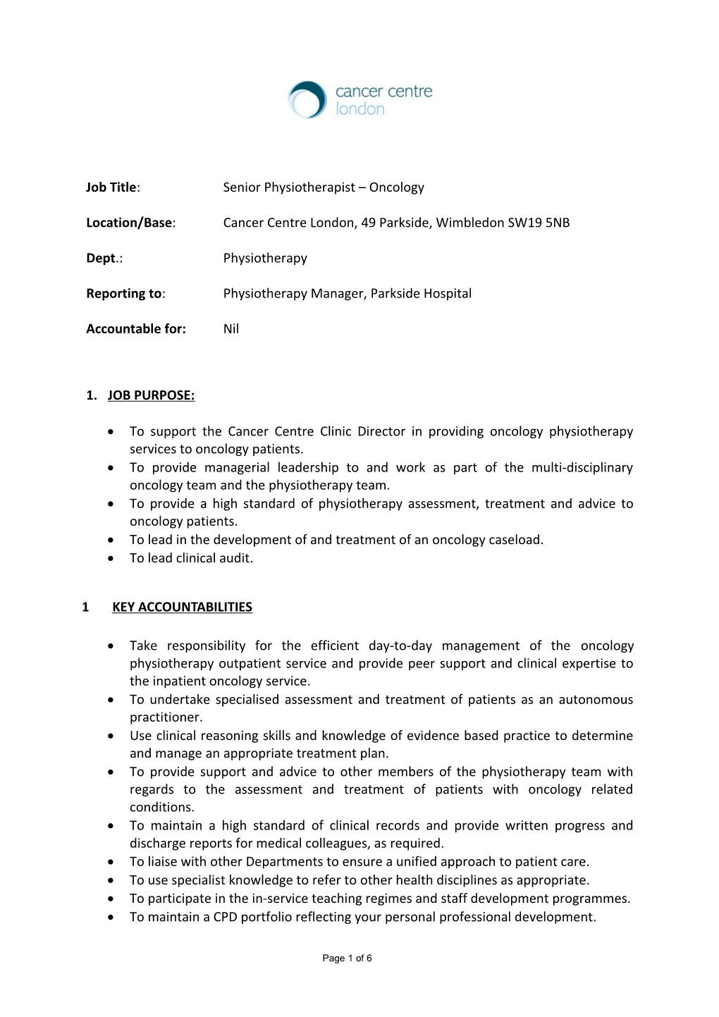 Job Title: Senior Physiotherapist Oncology