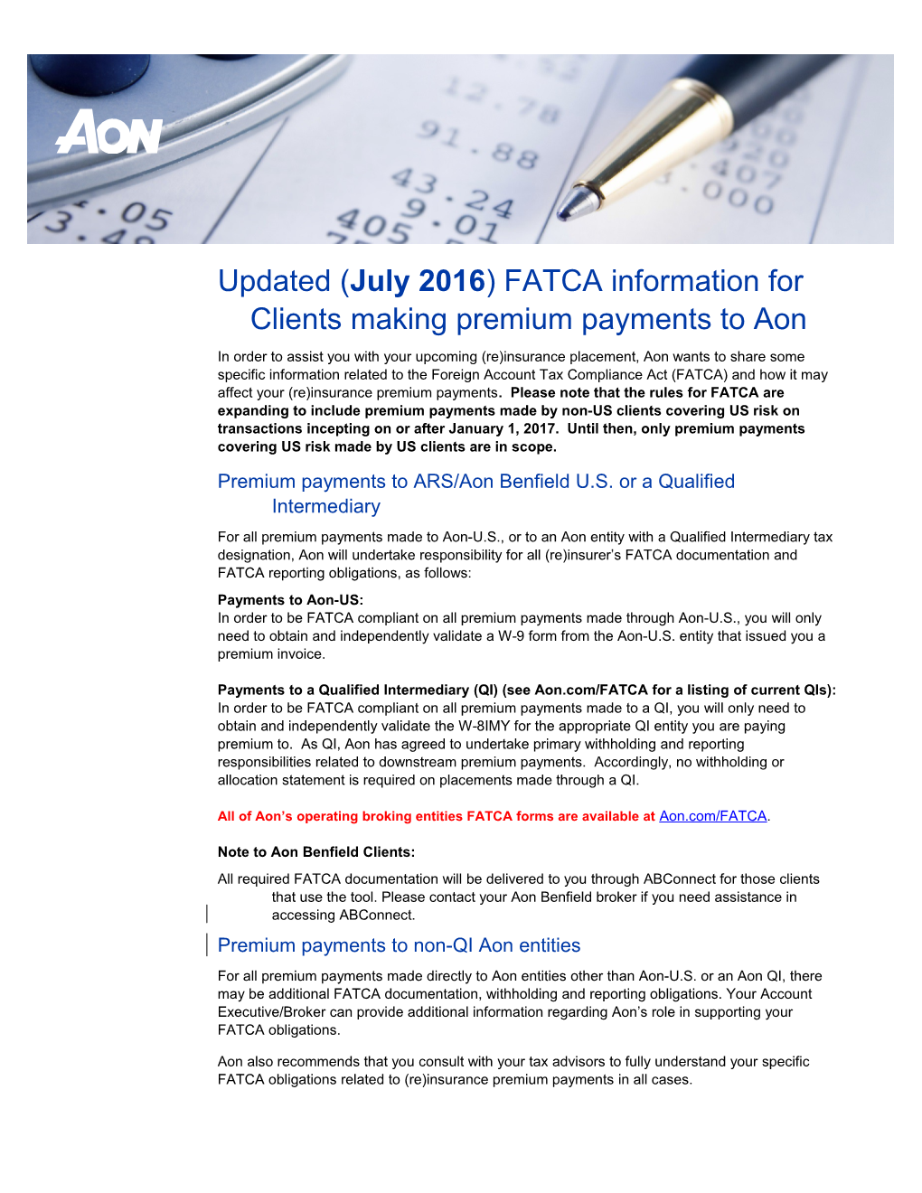 Updated (July 2016) FATCA Information for Clients Making Premium Payments to Aon