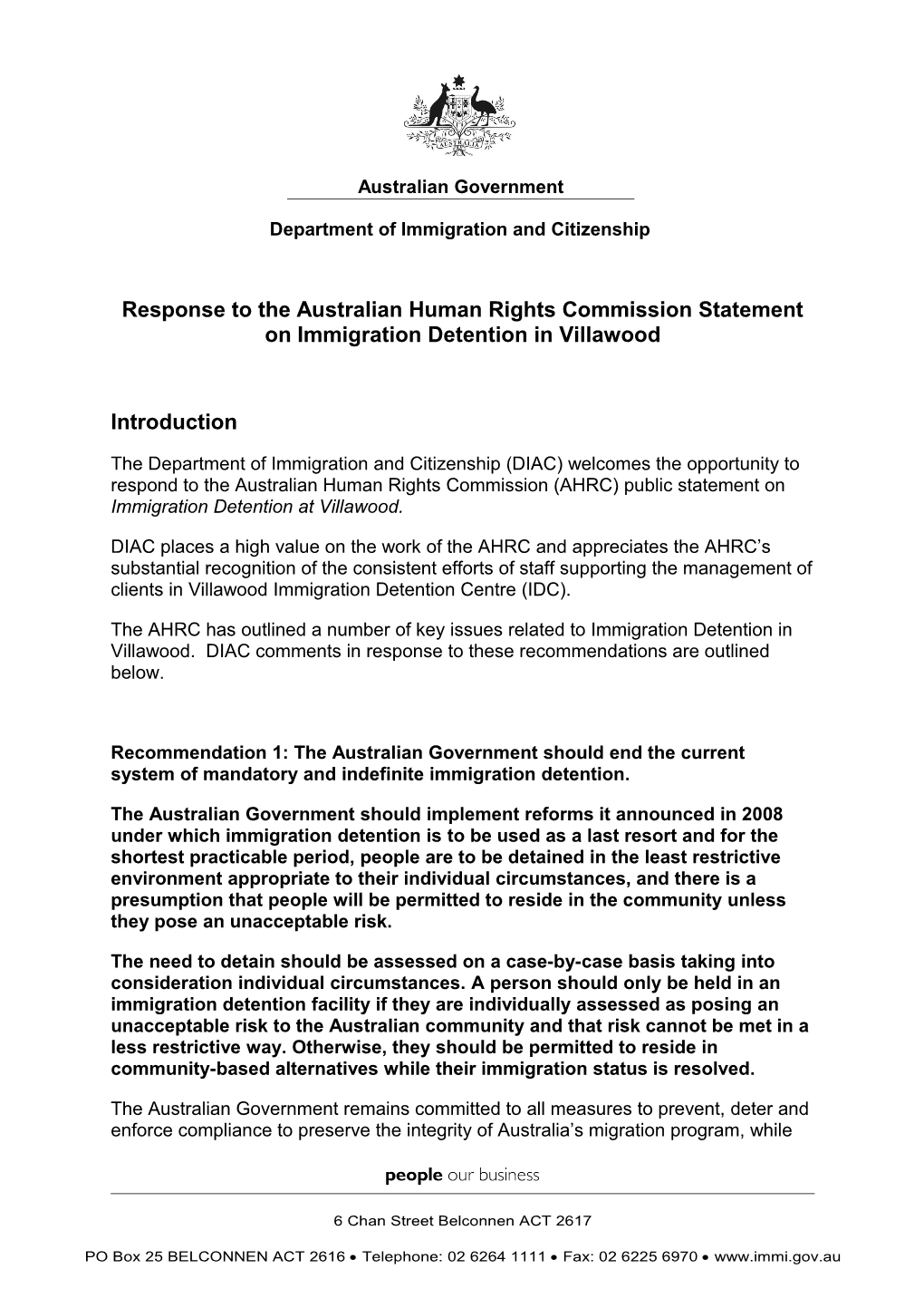 Response to the Australian Human Rights Commission Statement on Immigration Detention