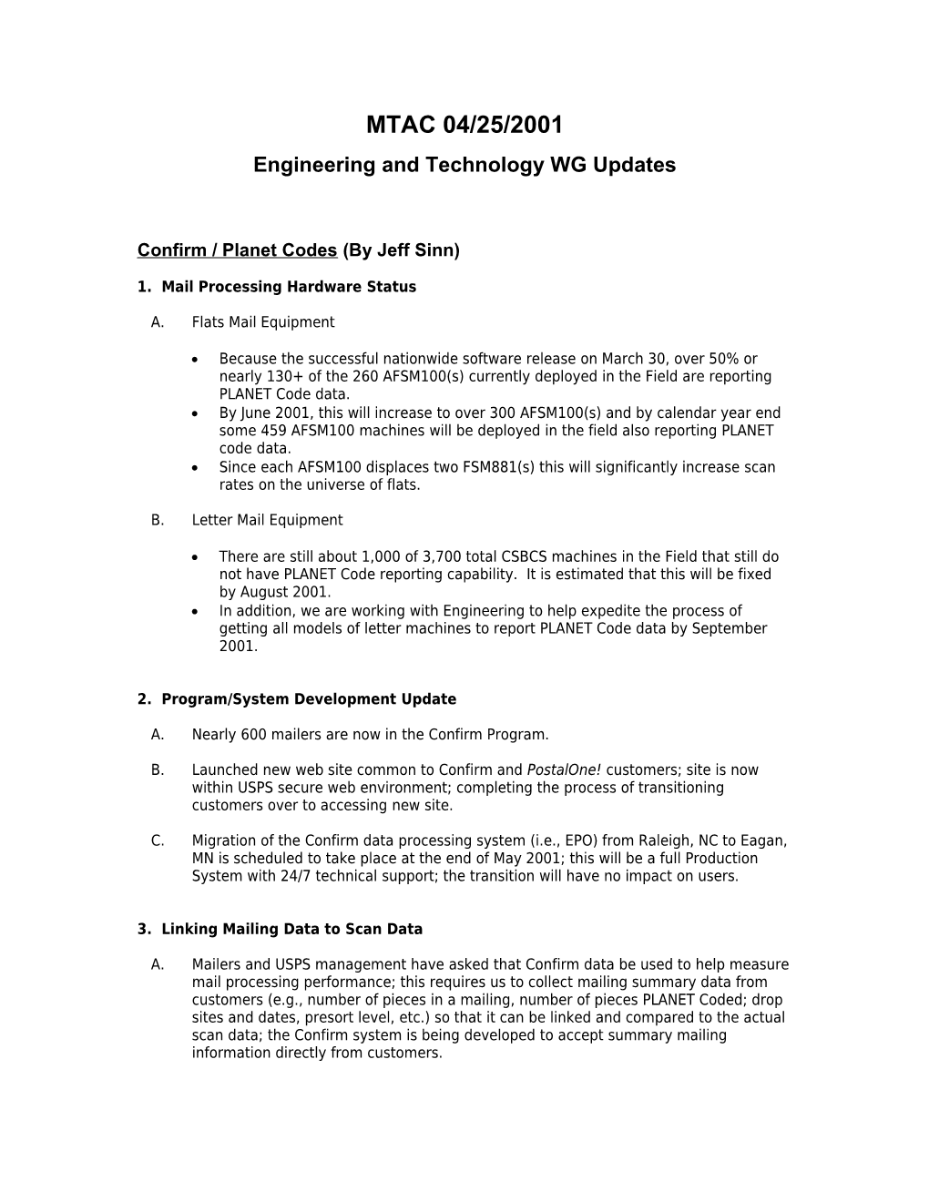 Engineering and Technology WG Updates