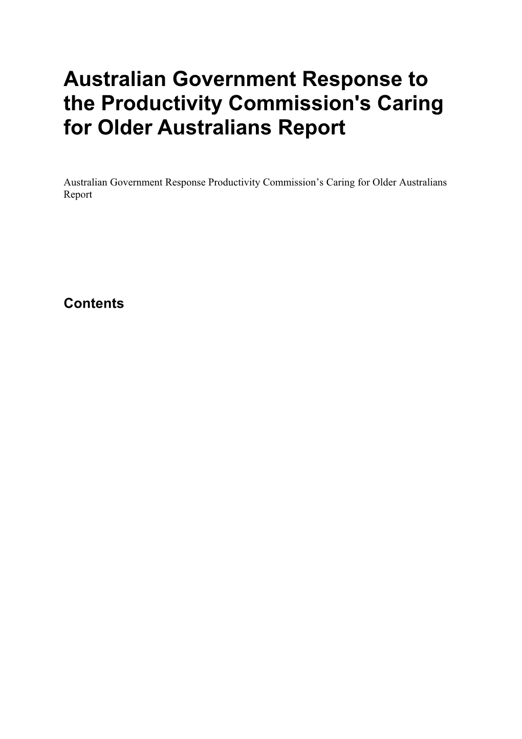 Australian Government Response to the Productivity Commission's Caring for Older Australians