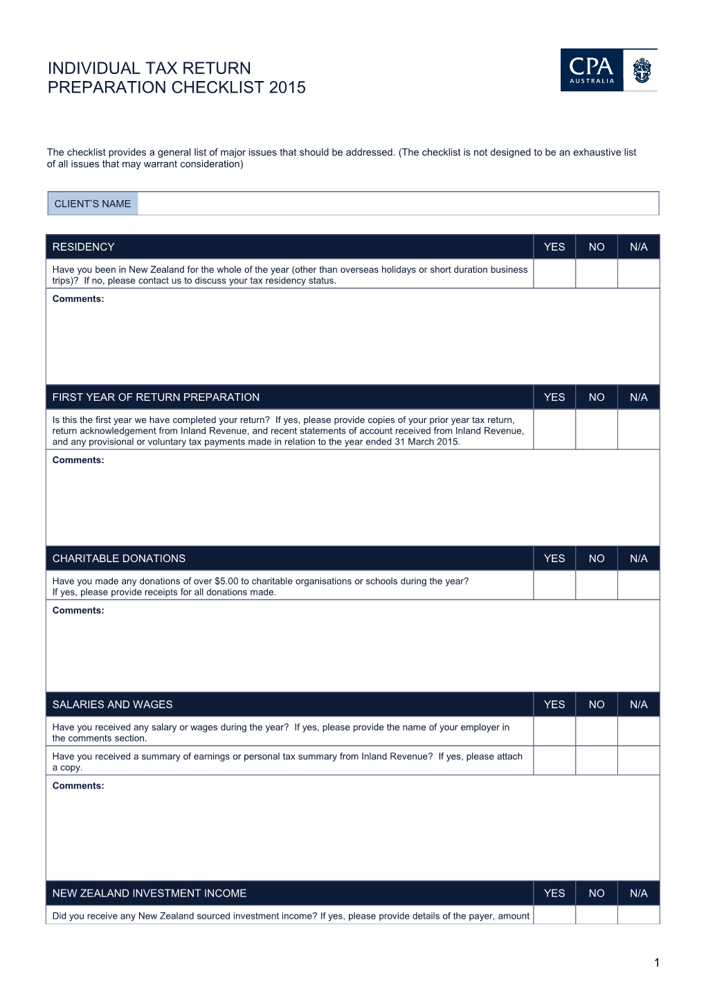 Individual Tax Return Preparation Checklist 2014 New Zealand