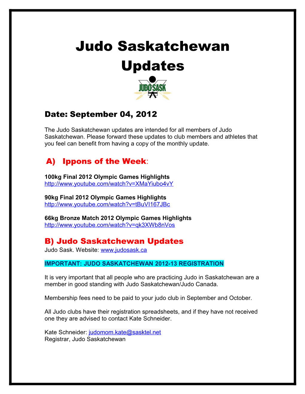 Judo Saskatchewan Weekly Updates