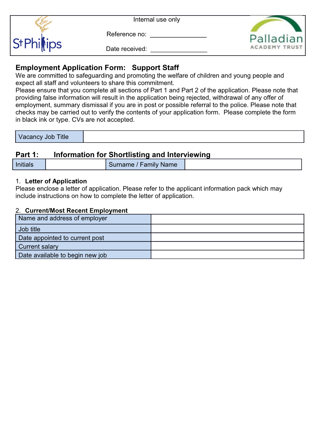 Employment Application Form: Support Staff