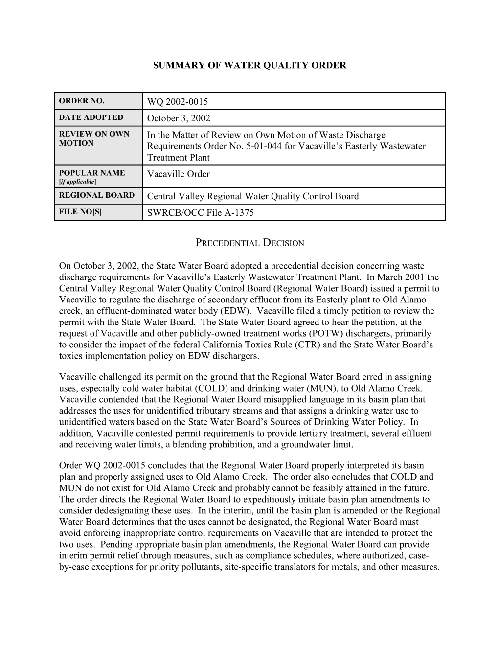 Summary of Water Quality Order s1