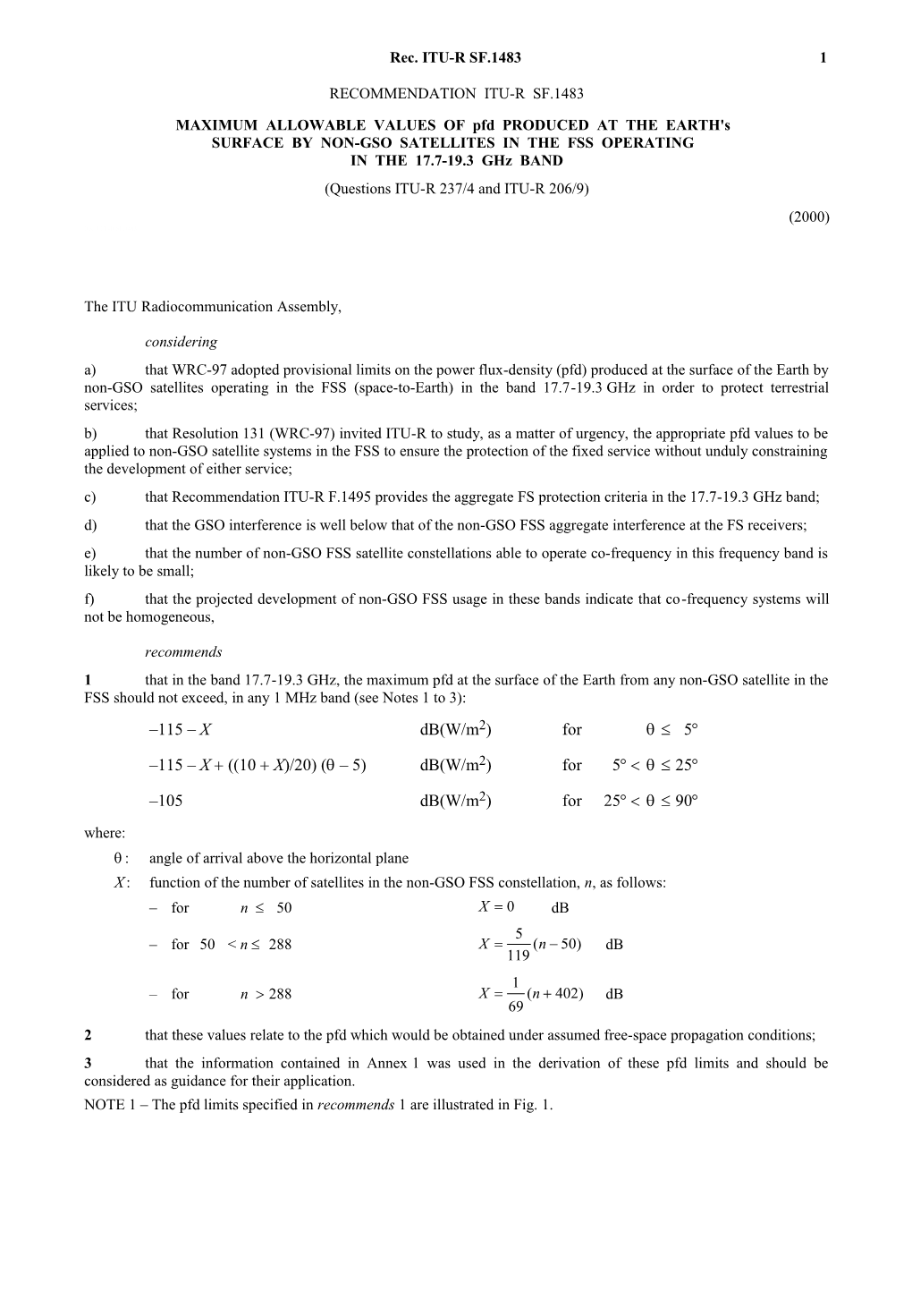 SF.1483 - Maximum Allowable Values of Pfd Produced at the Earth's Surface by Non-GSO Satellites