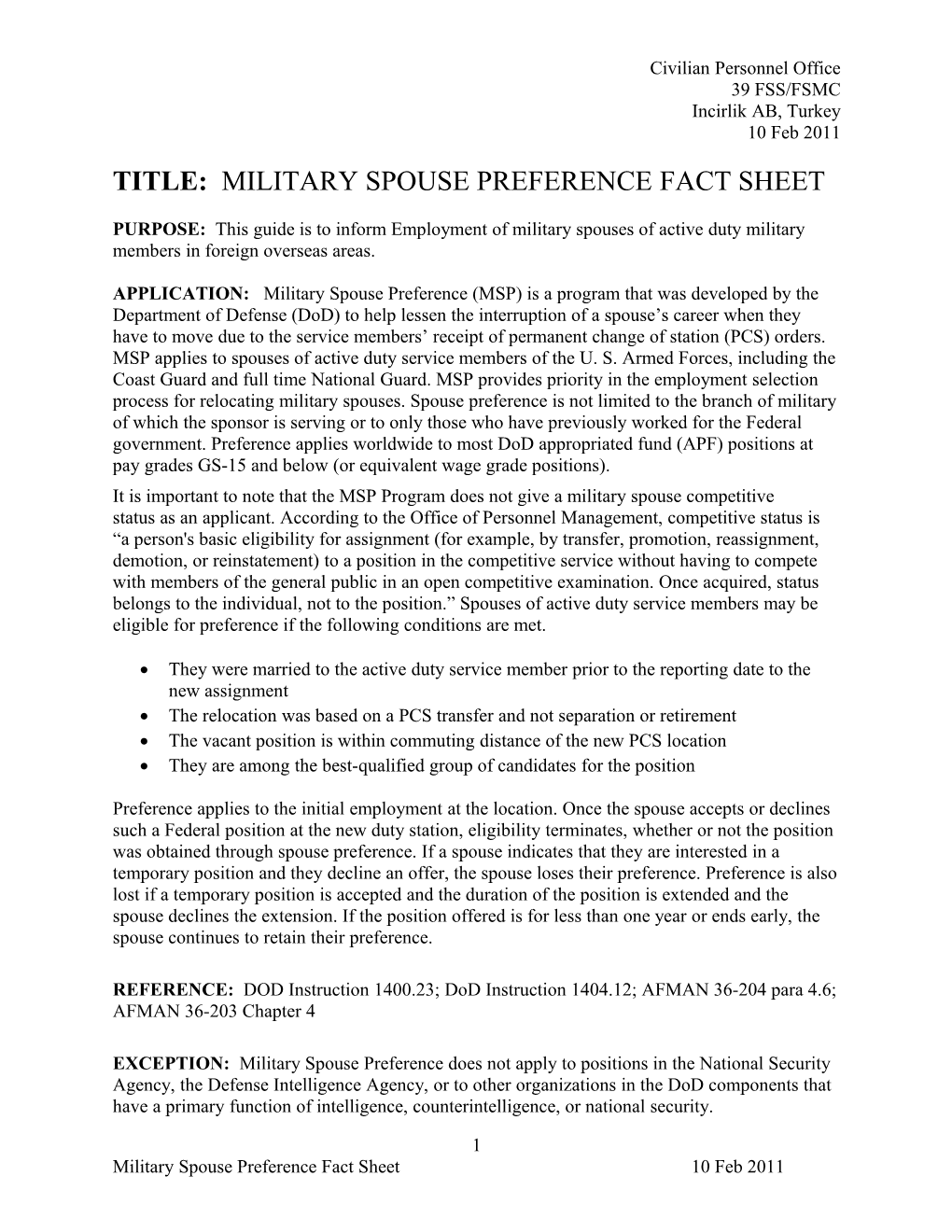 Title: Military Spouse Preference Fact Sheet