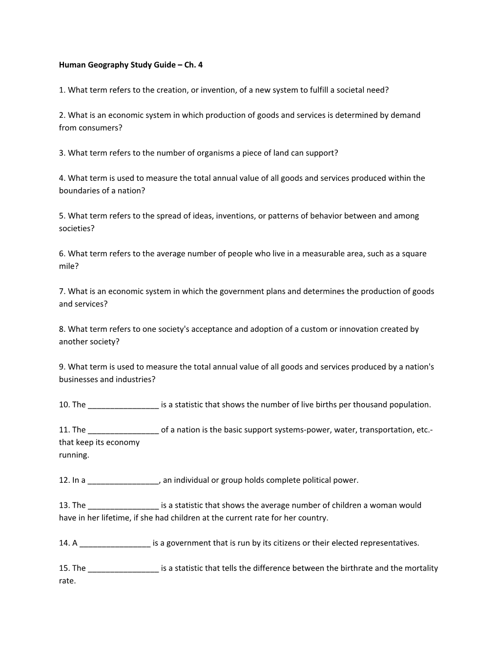 Human Geography Study Guide Ch. 4