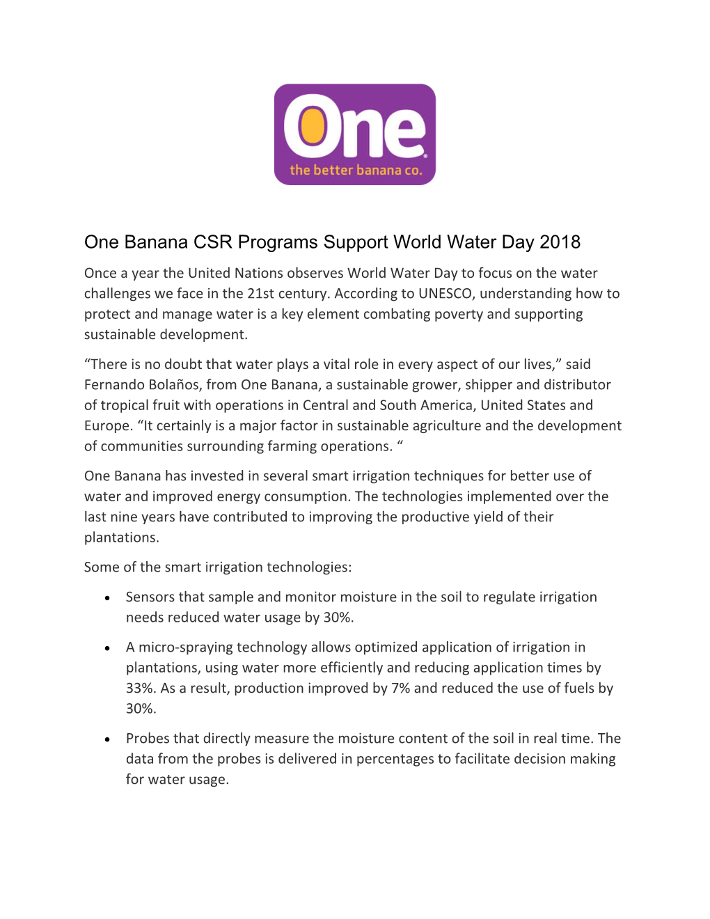 One Banana CSR Programs Support World Water Day 2018