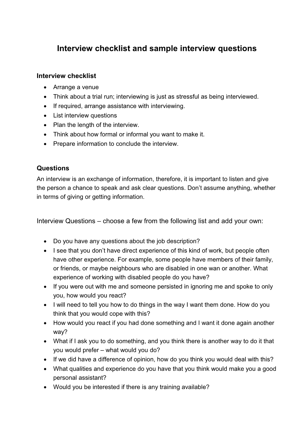 Interview Checklist and Sample Interview Questions-App