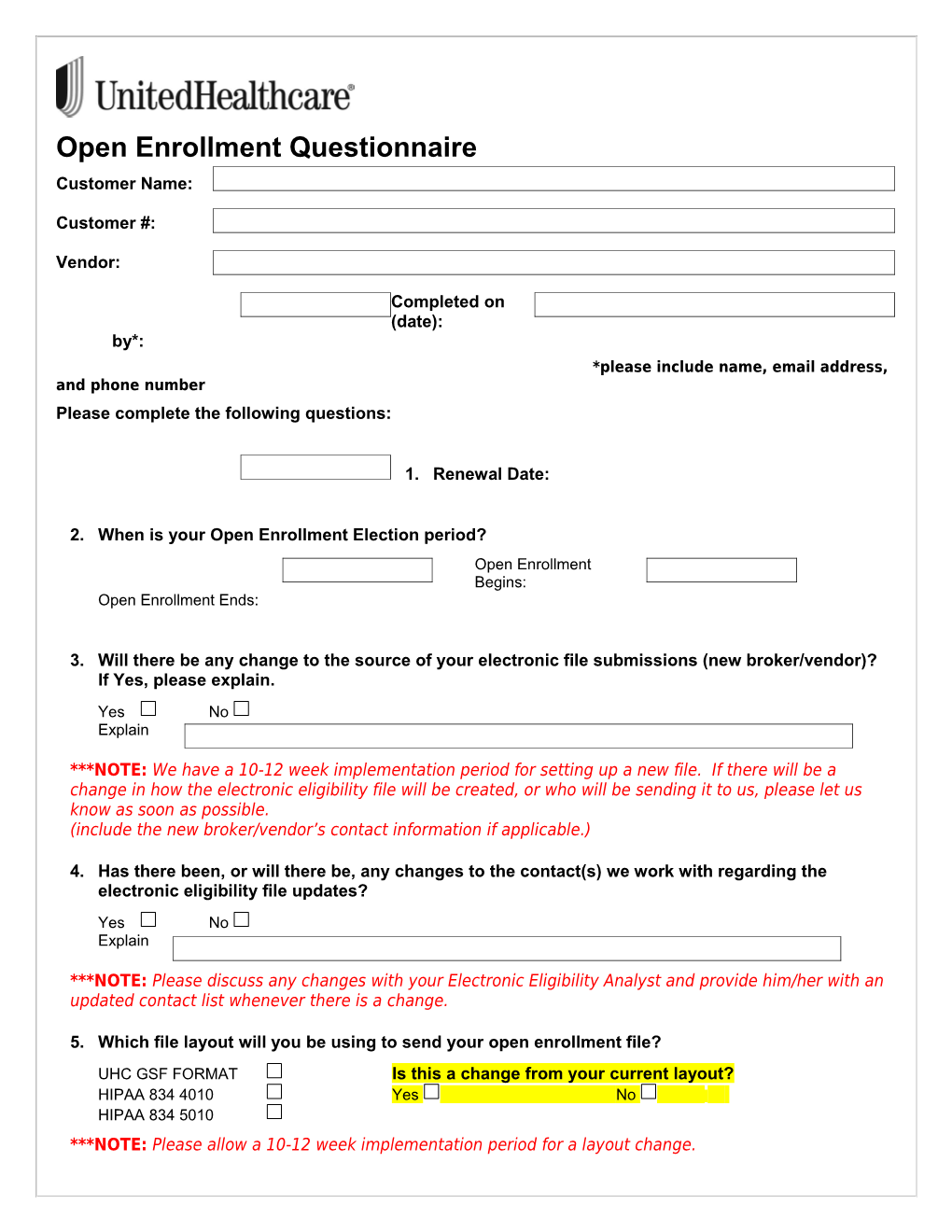 Open Enrollment Questionnaire
