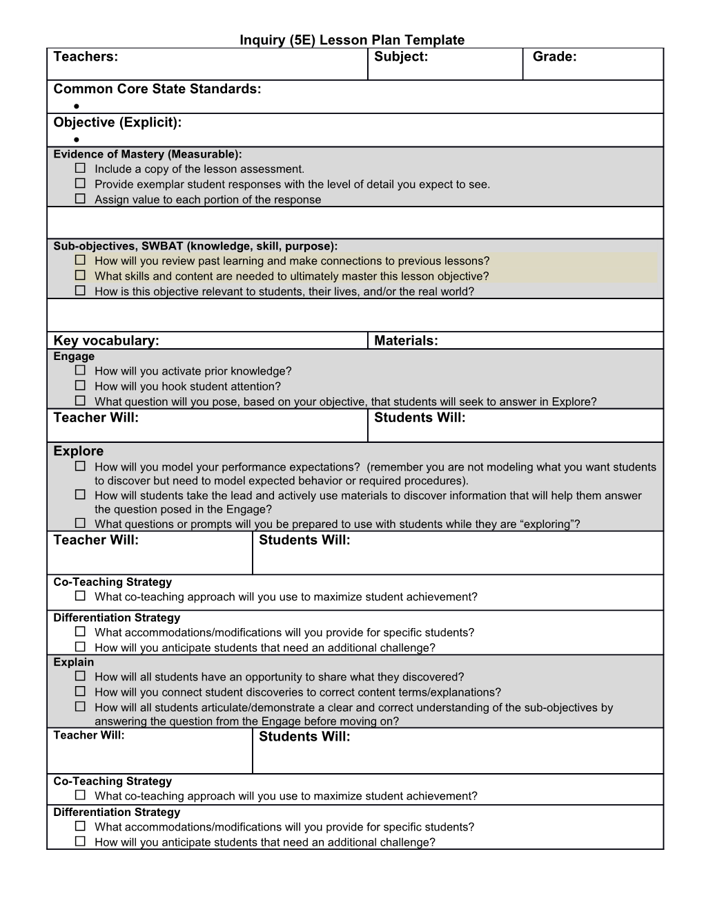 Inquiry (5E) Lesson Plan Template