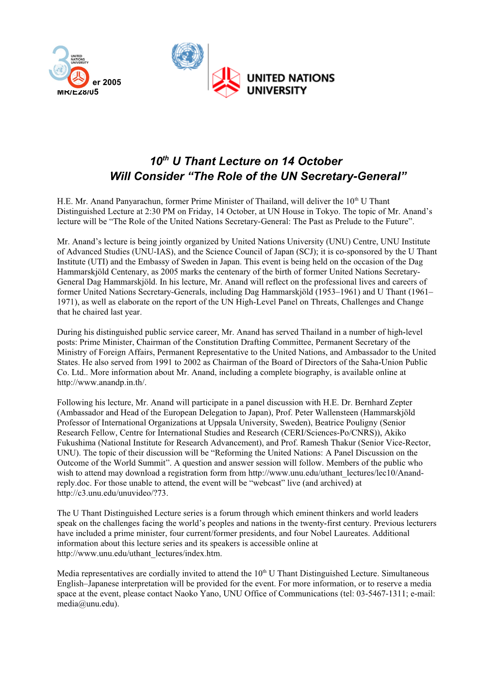 10Th U Thant Lecture on 14 October Will Consider the Role of the UN Secretary-General