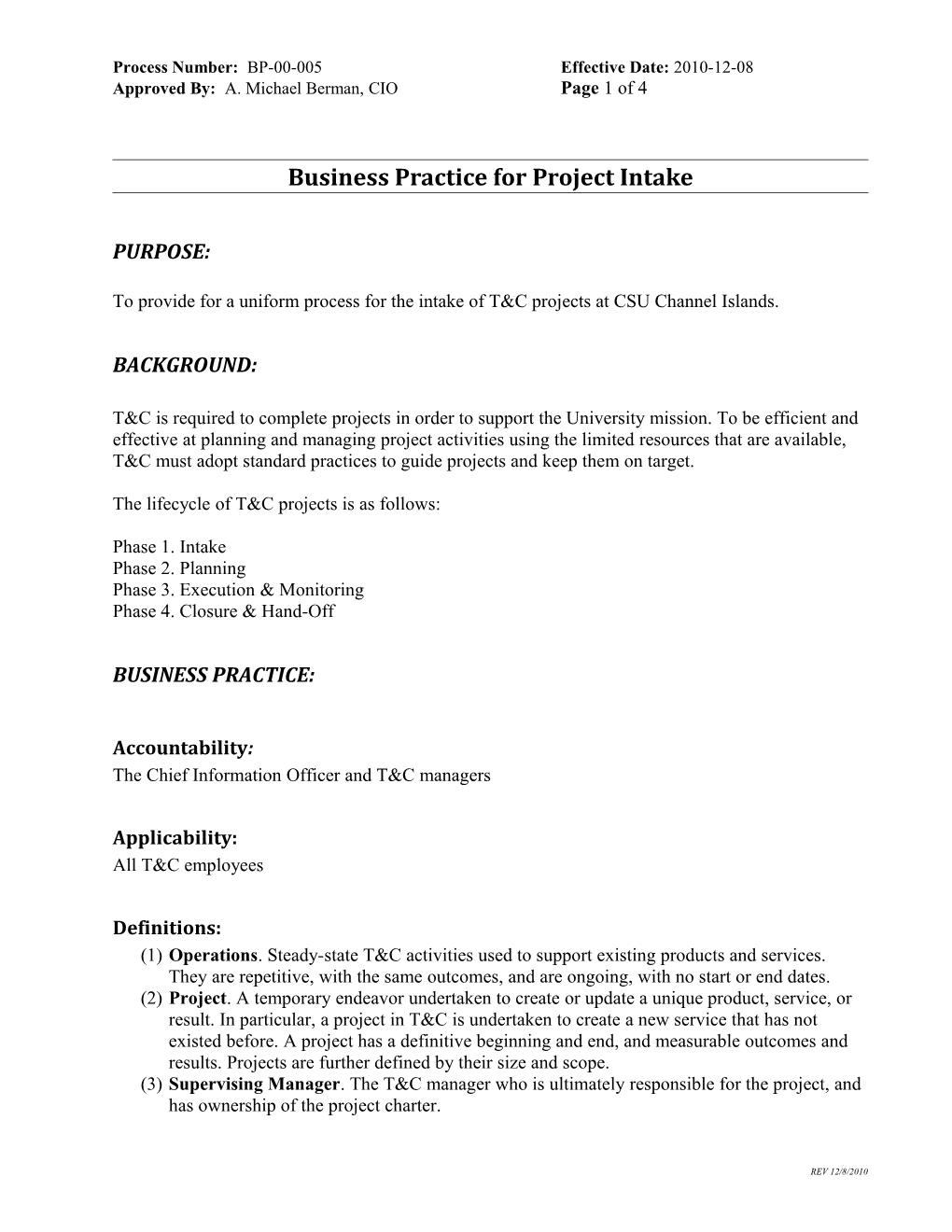 Process Number: BP-00-005 Effective Date: 2010-12-08