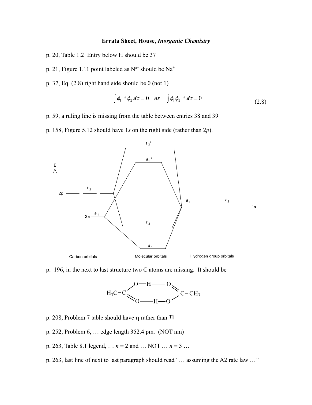 Errata Sheet, House, Inorganic Chemistry
