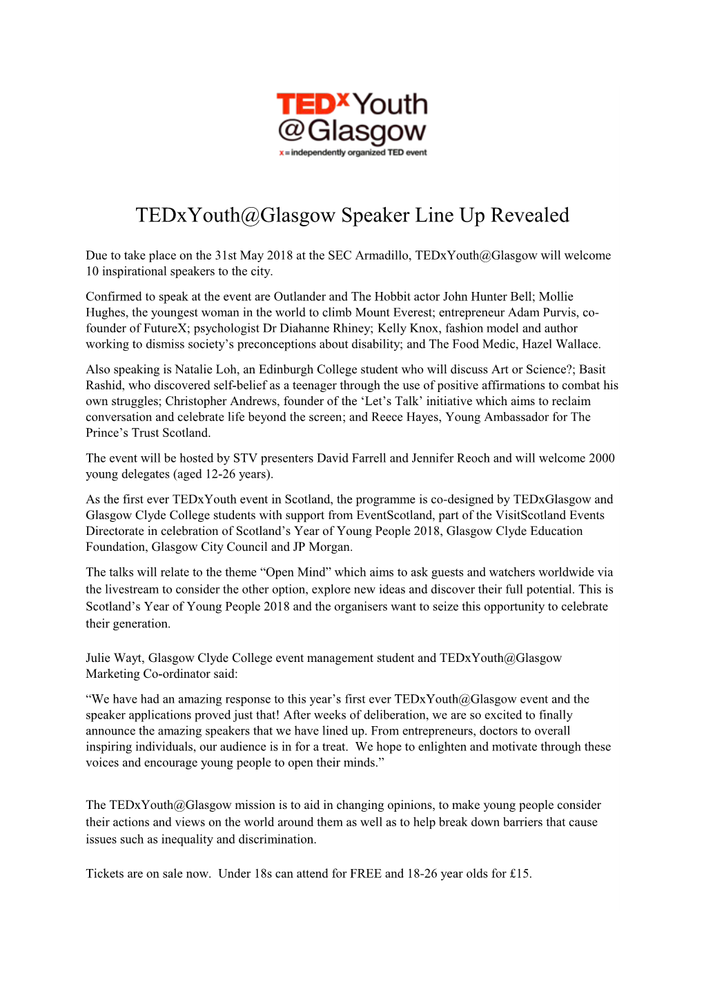 Tedxyouth Glasgow Speaker Line up Revealed