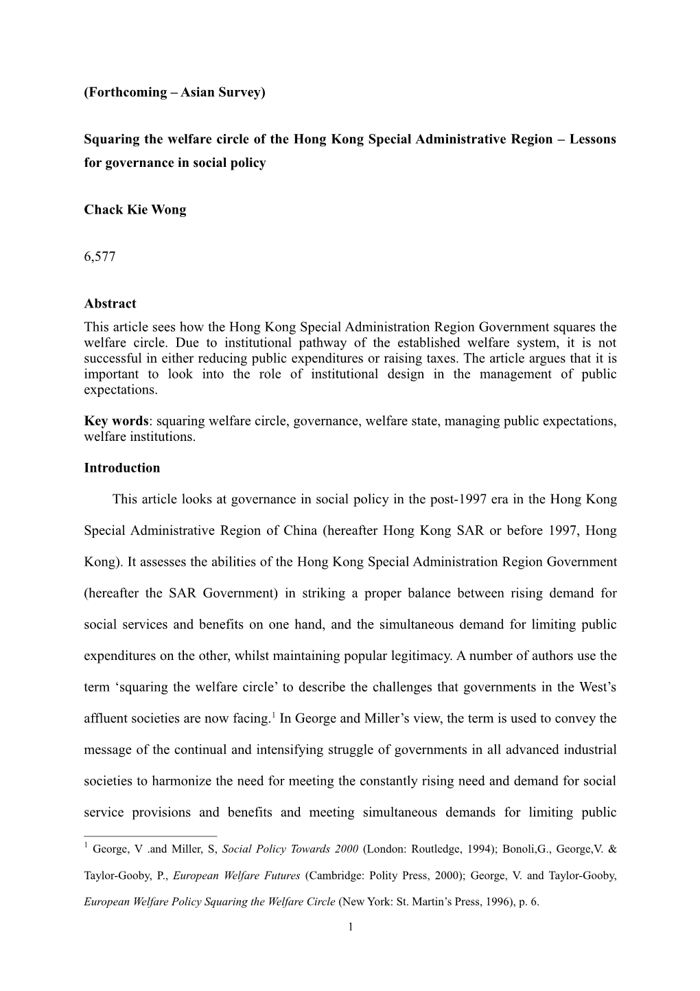 Squaring the Welfare Circle of the Hong Kong Special Administrative Region Lessons For