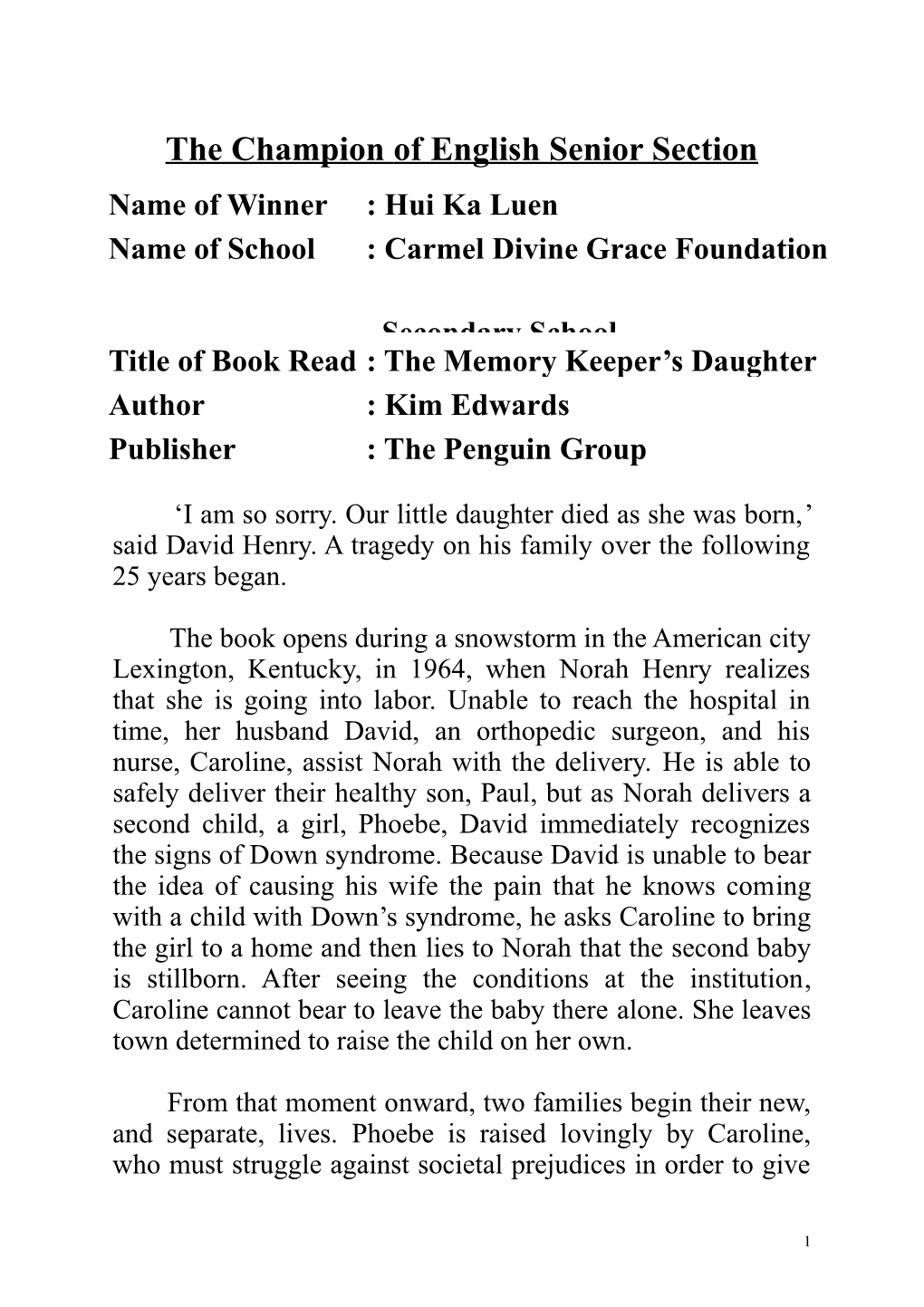 Title of Book Read: the Memory Keeper S Daughter