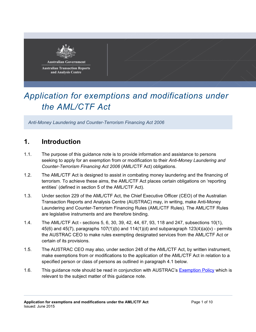 Application for Exemptions and Modifications Under the AML/CTF Act