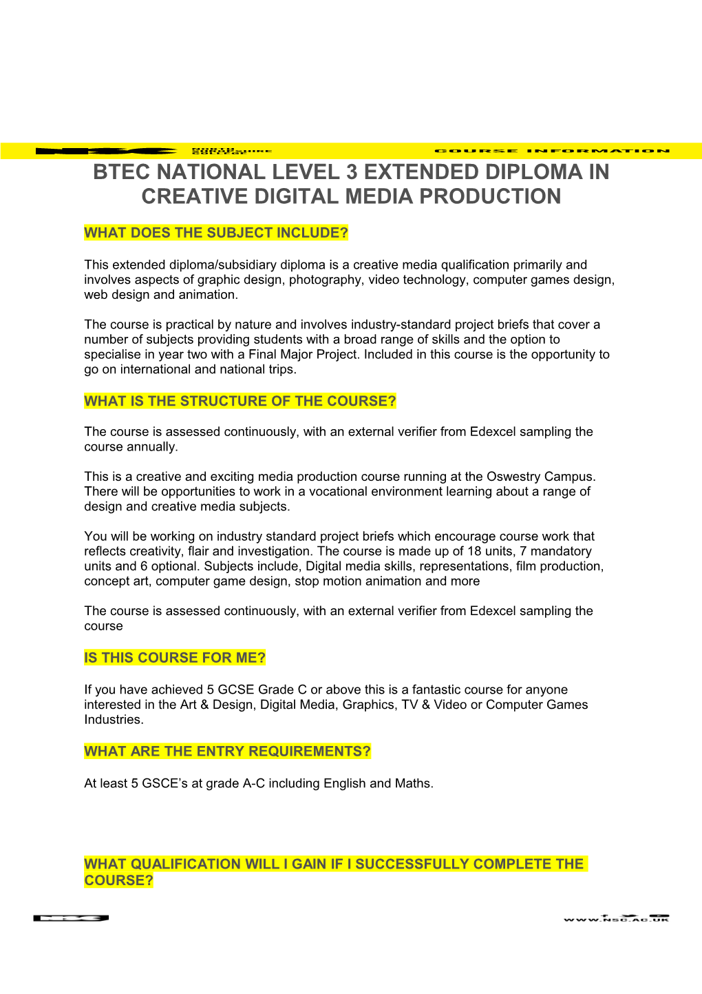 Btec National Level 3 Extended Diploma in Creative Digital Media Production