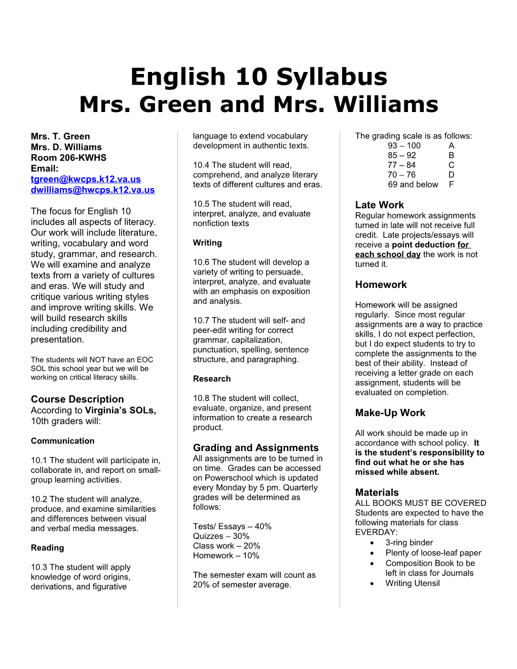 Mrs. Green and Mrs. Williams