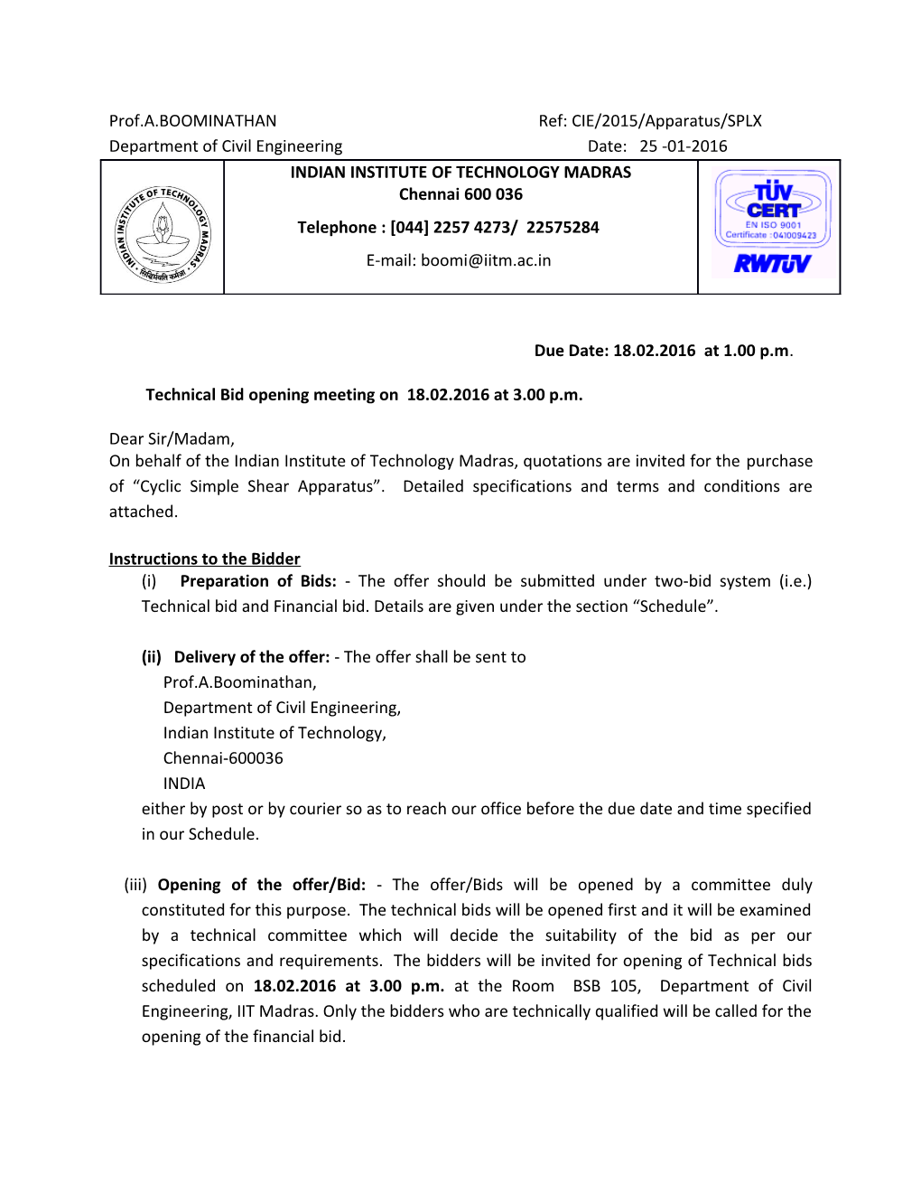 Prof.A.BOOMINATHAN Ref: CIE/2015/Apparatus/SPLX